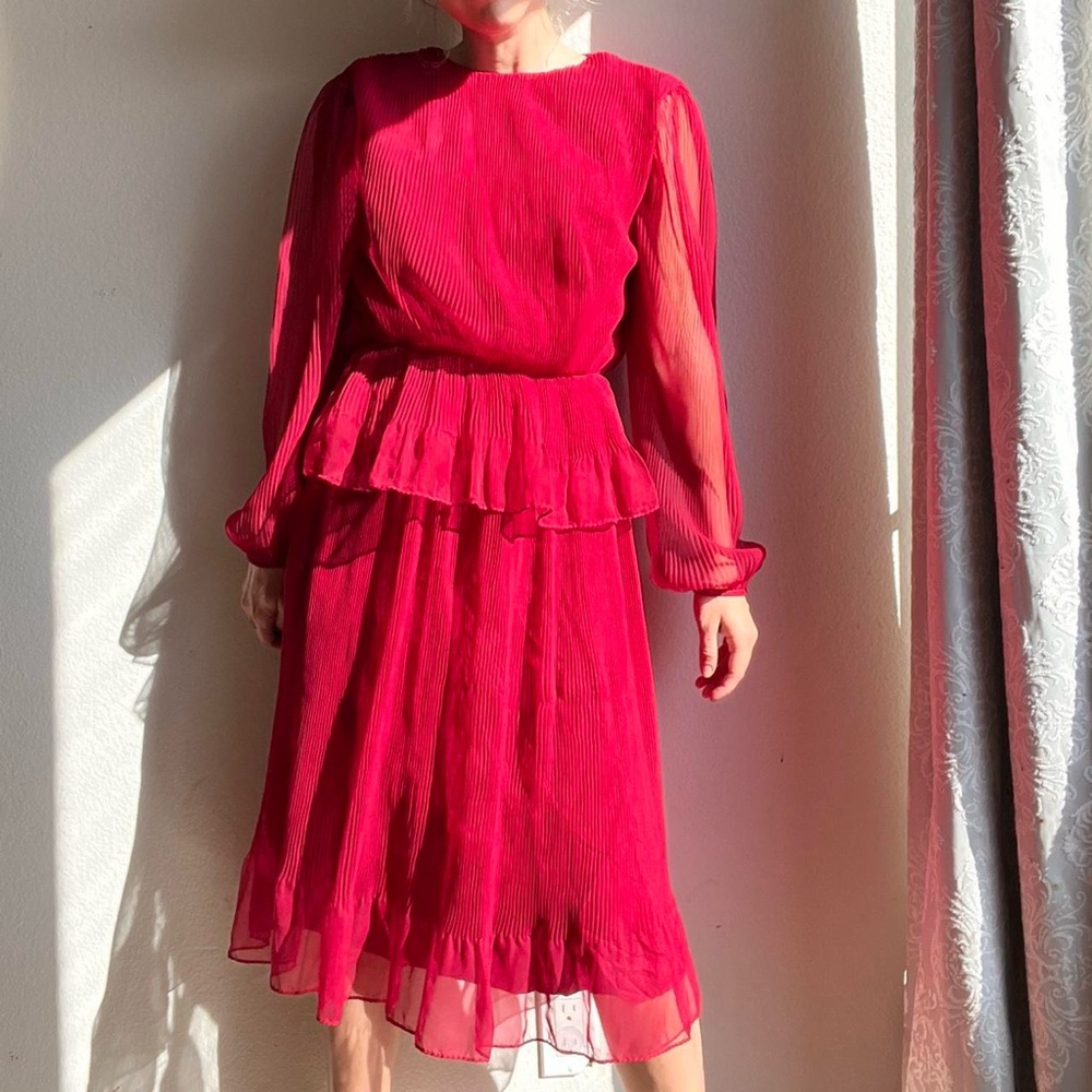 Miss Elliette Vintage 1970s Pleated Chiffon Red Peplum Dress